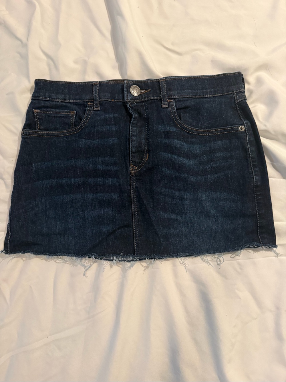 Express Dark Indigo Denim Mini Skirt with Frayed Hem